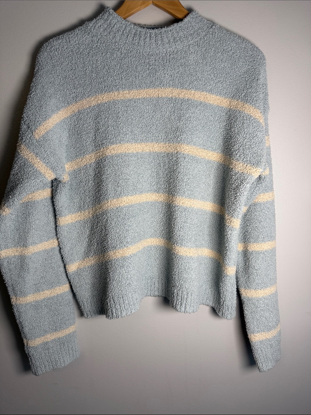 Altar'd State Blue & Cream Striped Fuzzy Mock Neck Sweater, Small
